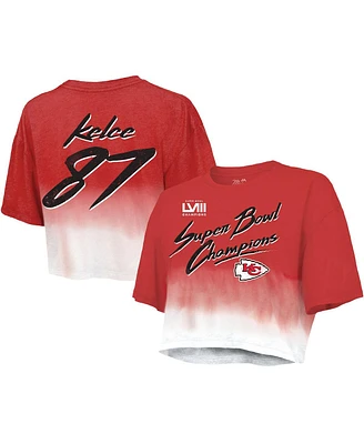 Women's Majestic Threads Travis Kelce Red, White Distressed Kansas City Chiefs Super Bowl Lviii Dip-Dye Player Name and Number Crop Top