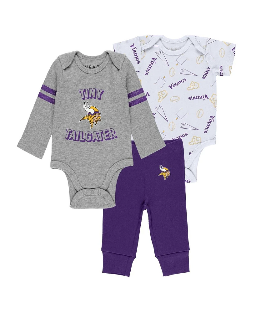 Baby Boys and Girls Wear by Erin Andrews Gray, Purple, White Minnesota Vikings Three-Piece Turn Me Around Bodysuits and Pant Set