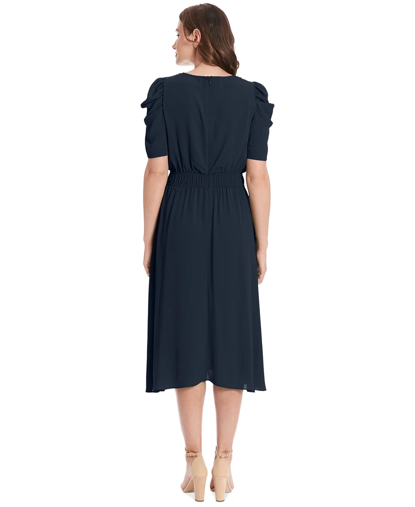 London Times Petite Ruched-Sleeve Smocked-Waist Dress