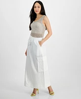 Bar Iii Petite Shine Satin Drawstring-Waist Cargo Skirt, Created for Macy's