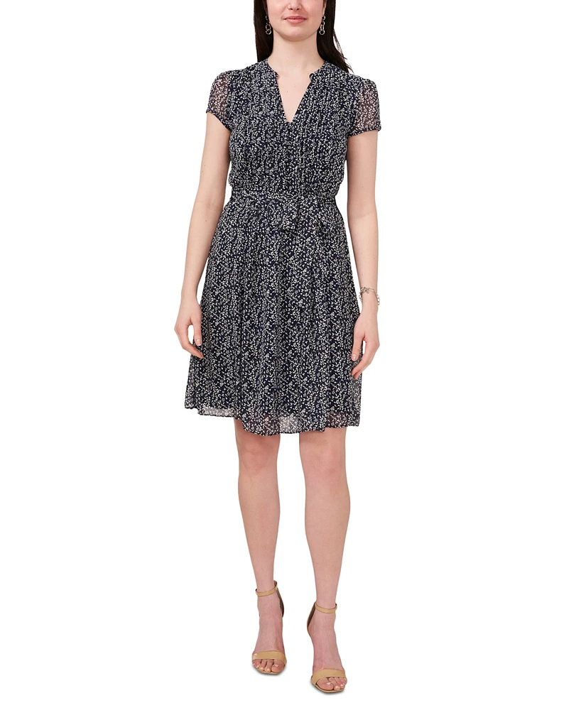 Msk Petite Printed Pintuck Tie-Waist Dress