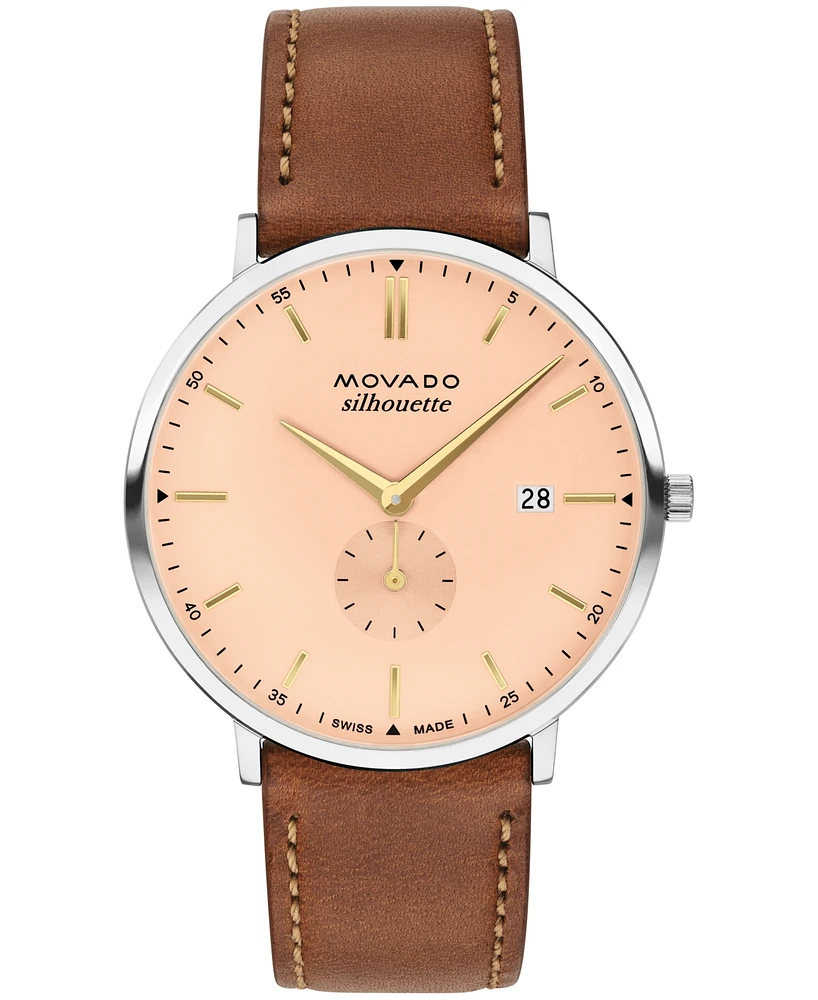 Movado Men's Silhouette Swiss Quartz Cognac Brown Leather Watch 40mm