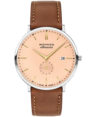 Movado Men's Silhouette Swiss Quartz Cognac Brown Leather Watch 40mm