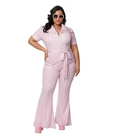 Plus Size Collared Short Puff Sleeve Flare Leg Jumpsuit