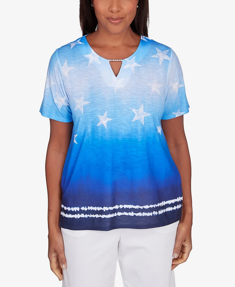 Alfred Dunner Petite All American Tie Dye Stars Short Sleeve Top