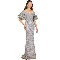 Lara Women's Off shoulder mermaid beaded gown with tiered sleeves