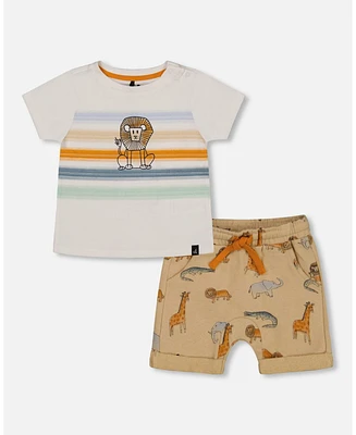 Baby Boy Top And French Terry Short Set Beige Printed Jungle Animal - Infant