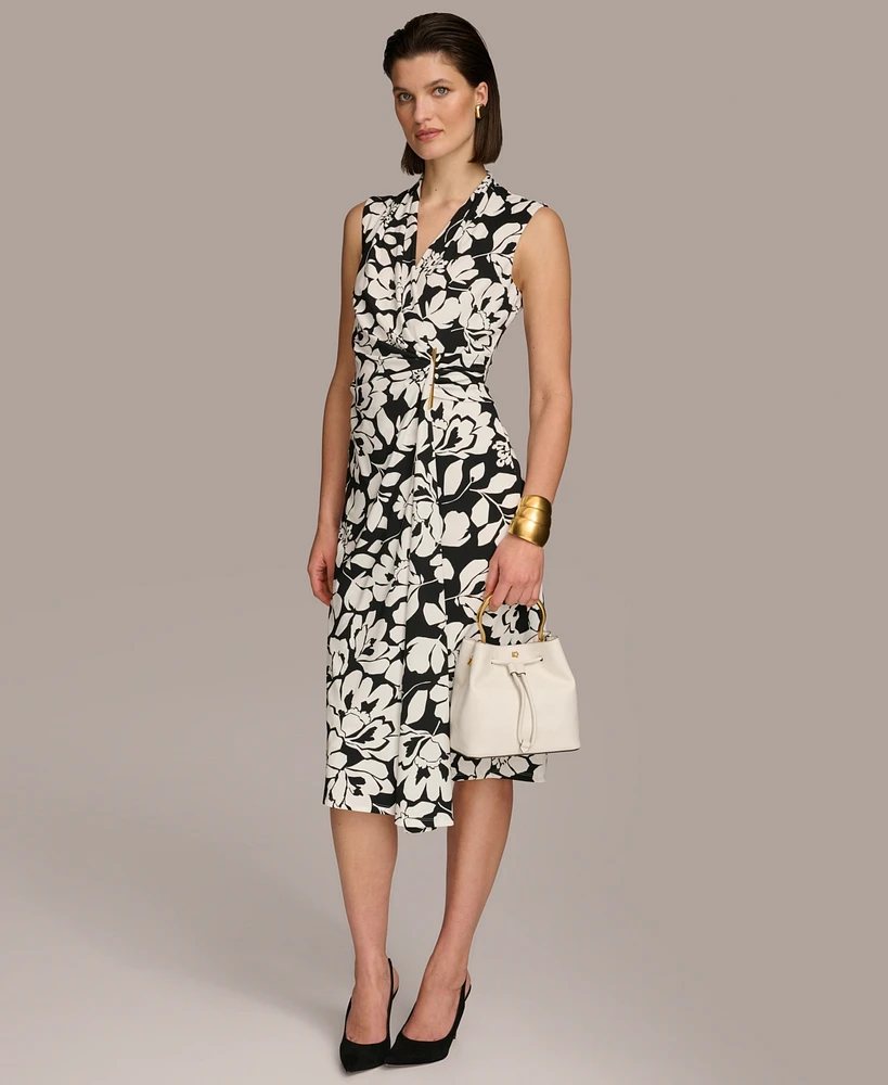 Donna Karan Women's Floral Print Gathered Sleeveless Midi Dress
