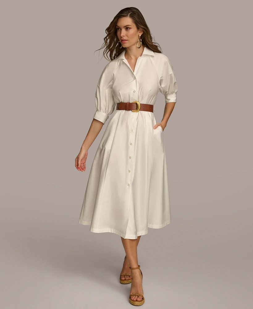 Donna Karan Women's Faux-Leather Belt Cotton Shirtdress