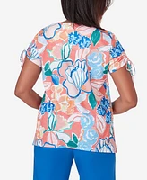 Alfred Dunner Women's Neptune Beach Whimsical Floral Top with Side Ties