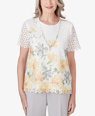 Alfred Dunner Petite Charleston Short Sleeve Floral Lace Necklace Top