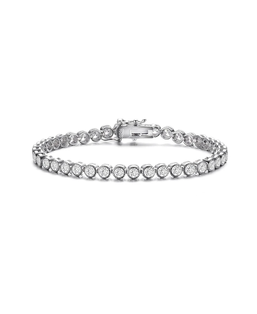 Stylish Sterling Silver with White Gold Plated Clear Round Cubic Zirconia Milgrain Bezel Tennis Bracelet