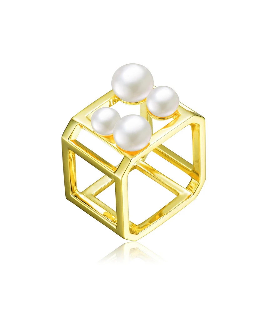 Sterling Silver 14K Gold Plated in Hollow Cube Design with 4 Genuine Freshwater Pearl Geometric Ring