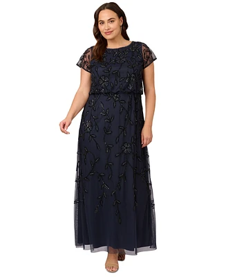 Adrianna Papell Plus Blouson Beaded Short-Sleeve Gown