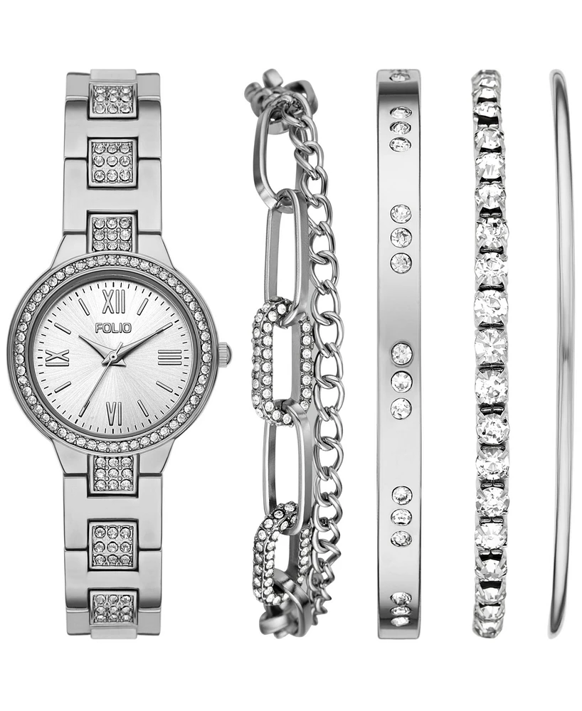 Folio Women's Three Hand Silver-Tone Alloy Watch 30mm Gift Set - Silver