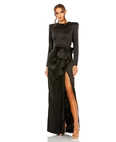 Mac Duggal Women's Long Sleeve Structured Bow Draped Gown