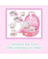 Porcelain Tea Set with Picnic Basket and Floral Design