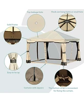 Aoodor Patio Gazebo Aluminum Outdoor Tent Shelter Canopy with Privacy Curtain and Netting-Brown