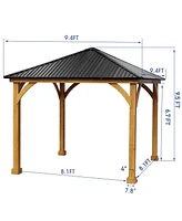 Aoodor 9.4x9.4 ft. Outdoor Solid Wooden Frame Gazebo with Galvanized Metal Hardtop Roof, for Patio Backyard Deck and Lawns - Black Canopy