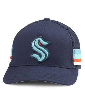 Men's American Needle Deep Sea Blue Seattle Kraken HotFoot Stripes Trucker Adjustable Hat