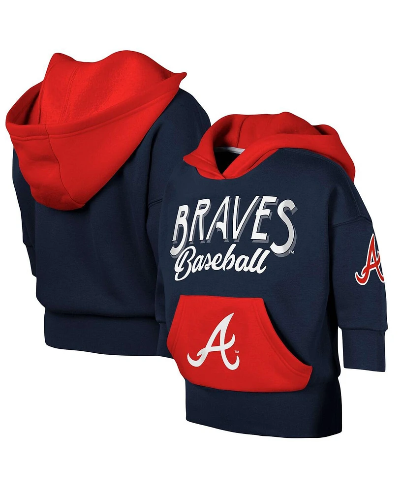 Big Girls Outerstuff Navy Atlanta Braves Team Practice Fashion Three-Quarter Sleeve Pullover Hoodie