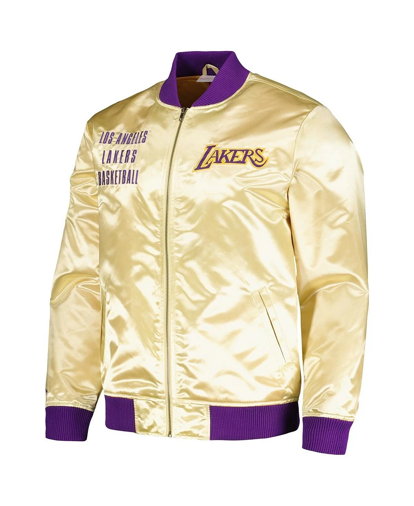 Men's Mitchell & Ness Gold Distressed Los Angeles Lakers Team Og 2.0 Vintage-Like Logo Satin Full-Zip Jacket