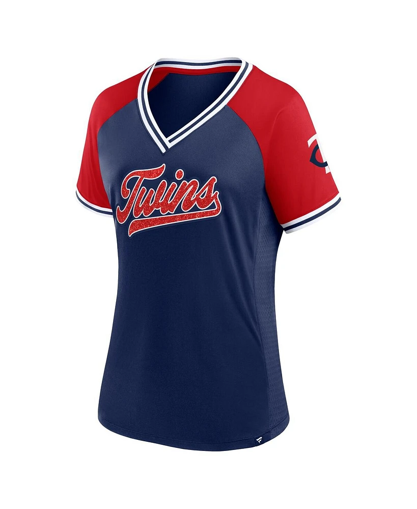 Women's Fanatics Navy Minnesota Twins Glitz & Glam League Diva Raglan V-Neck T-shirt