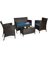 Costway 4PCS Rattan Patio Furniture Set Cushioned Sofa Chair Coffee Table