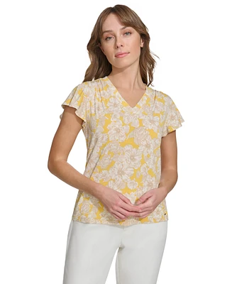 Tommy Hilfiger Women's Floral-Print Flutter-Sleeve Shirred-Shoulder V-Neck Top