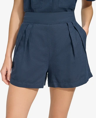 Andrew Marc Sport Women's Washed Linen High Rise Pull On Pleated Shorts
