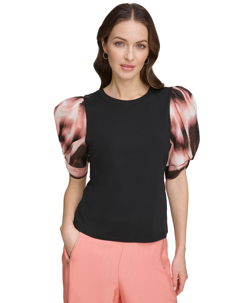 Dkny Women's Printed-Chiffon-Sleeve Crewneck Knit Top