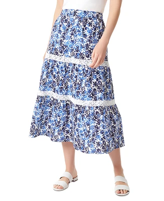 Jones New York Women's Floral-Print Lace-Trimmed Tiered Pull-On Midi Skirt