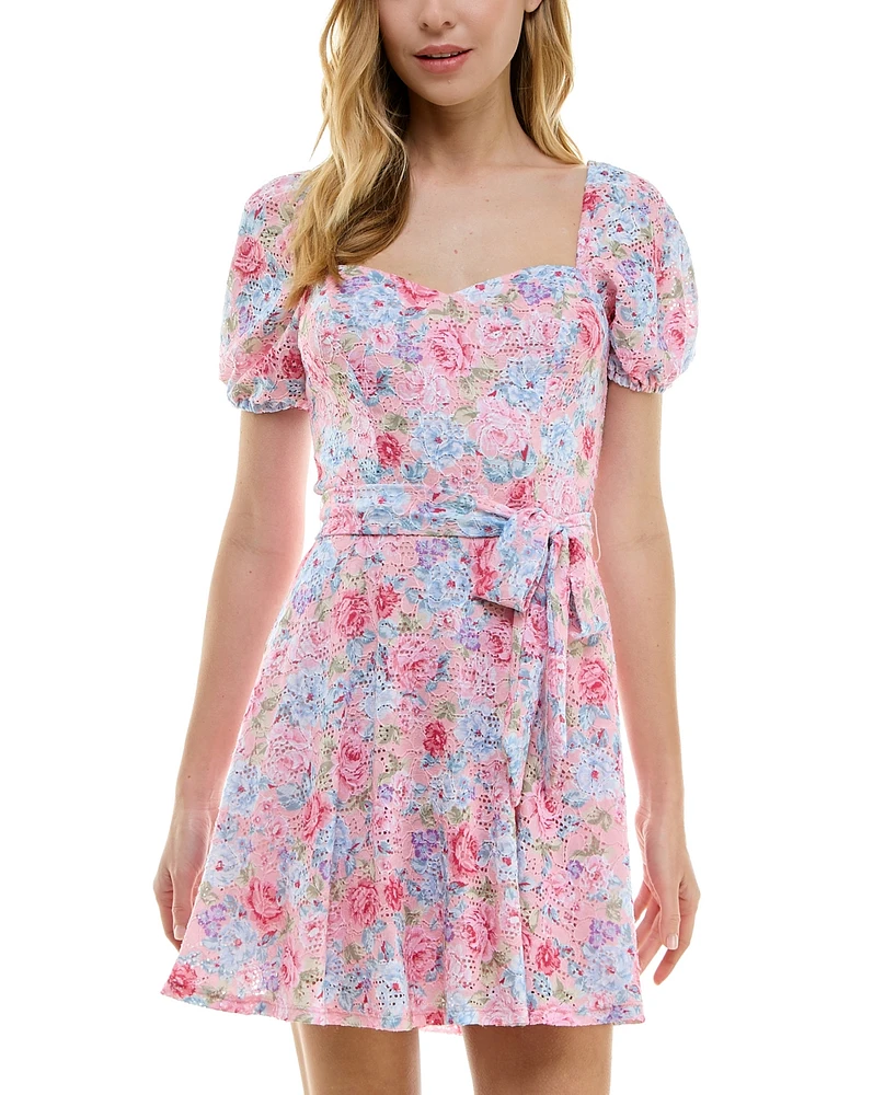 City Studios Juniors' Floral-Print Pointelle Tie-Waist Skater Dress