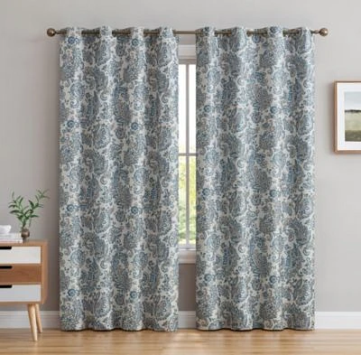Hlc.Me Amalfi Paisley Faux Silk 100 Blackout Room Darkening Thermal Lined Curtain Grommet Panels For Bedroom Energy Efficient Complete Darkness Noise Reducing Set Of 2