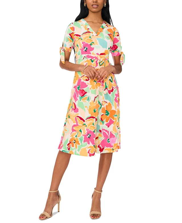 Msk Petite Floral Print Tie-Sleeve Midi Dress | Connecticut Post Mall Msk Petite Floral Print Tie-Sleeve Midi Dress | Connecticut Post Mall