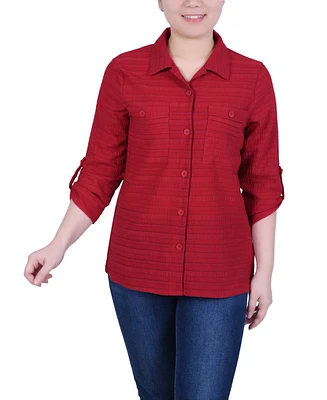 Ny Collection Women's Long Roll Tab Sleeve Jacquard Blouse