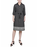 Ny Collection Women's 3/4 Roll Tab Sleeve Belted Shirtdress