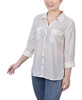 Ny Collection Women's 3/4 Sleeve Windowpane Blouse