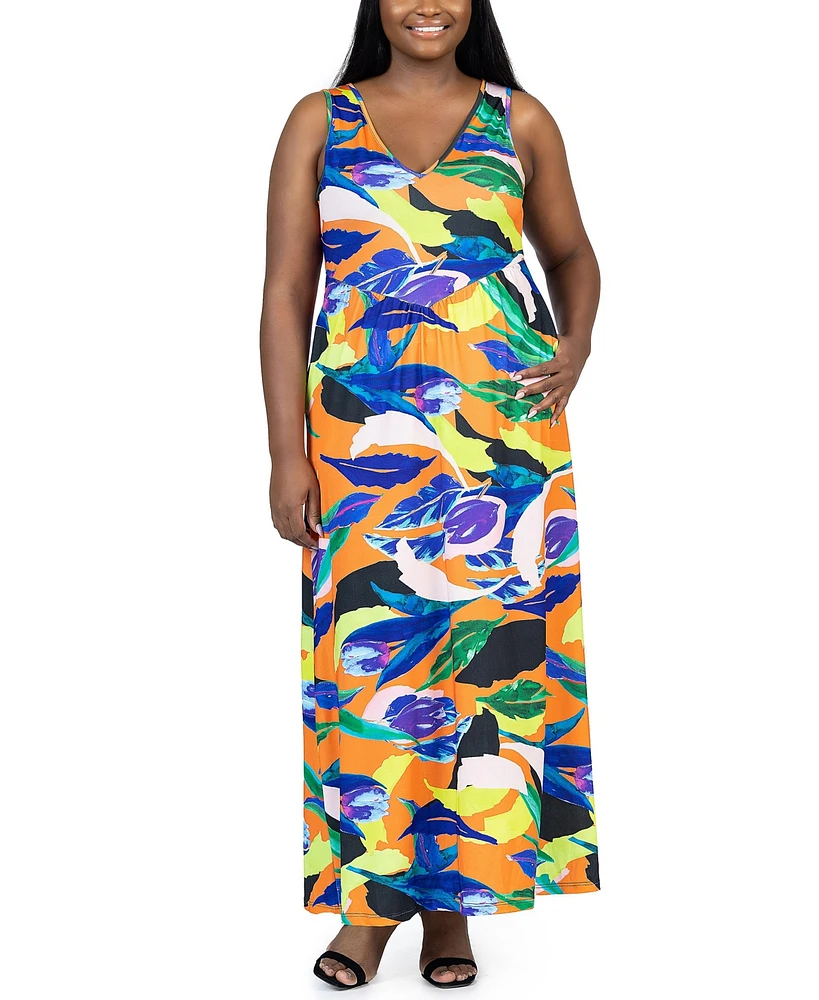 24seven Comfort Apparel Plus Sleeveless V Neck Maxi Dress Pockets