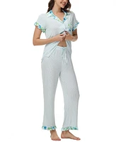 C. Wonder Women's Printed Notch Collar Short Sleeve with Ruffle and Pants 2 Pc. Pajama Set