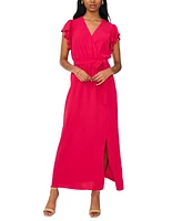 Msk Women's V-Neck Flutter-Sleeve Belted Maxi Dress