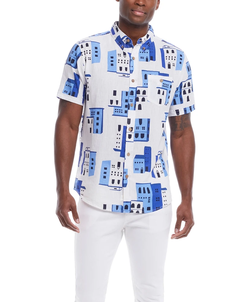 Weatherproof Vintage Men's Short Sleeve Print Linen Cotton Shirt