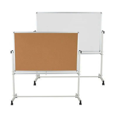 Reversible Mobile Cork Bulletin Board And White Board Stand With Pen Tray