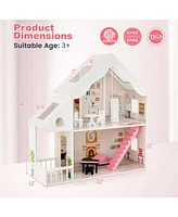 Costway Kids Wooden Dollhouse Semi-Opened Diy Playset with Simulated Rooms & Furniture