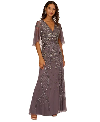 Adrianna Papell Women's Embellished Cape-Sleeve Gown
