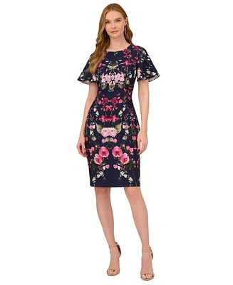 Adrianna Papell Women's Floral-Print Elbow-Sleeve Crepe Dress