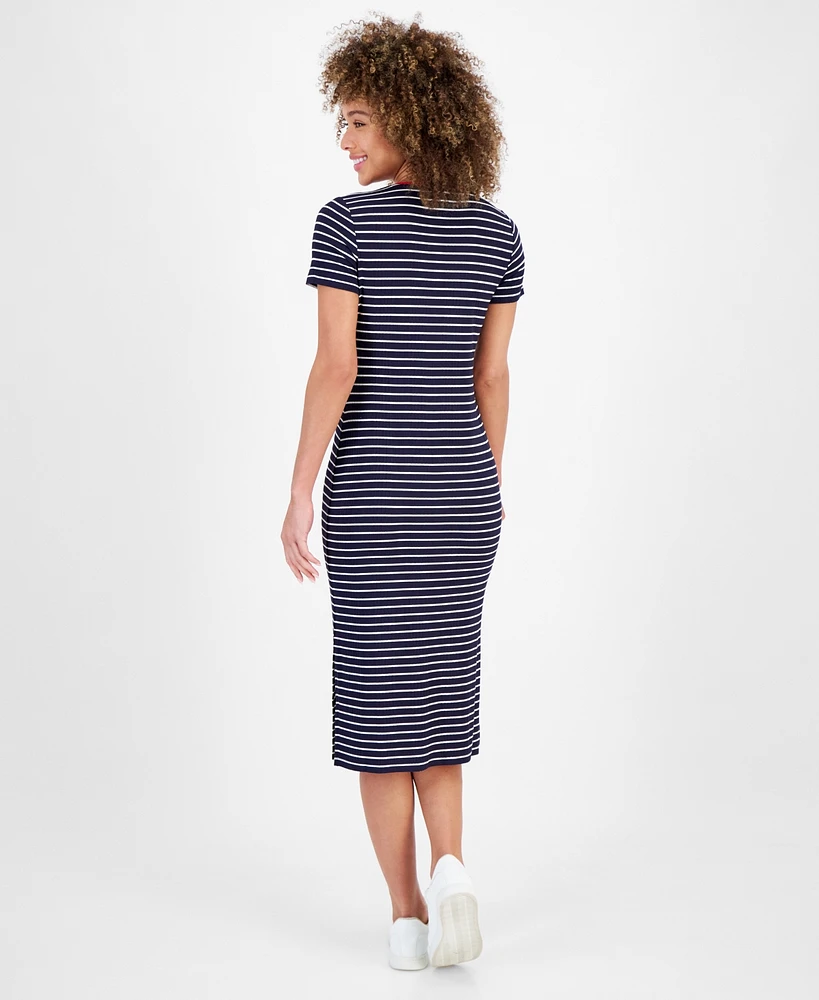 Nautica Jeans Women's Striped Rib-Knit Midi T-Shirt Dress