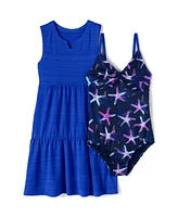 Lands' End Girls Chlorine Resistant Twist Front One Piece Swimsuit Upf Dress Coverup Set