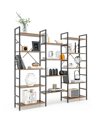 Large Triple Wide Floor Standing Bookcase Display Shelf with Metal Frame-Rustic Brown