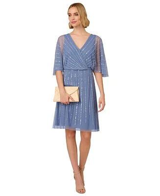 Adrianna Papell Bead Embellished Flutter-Sleeve A-Line Dress